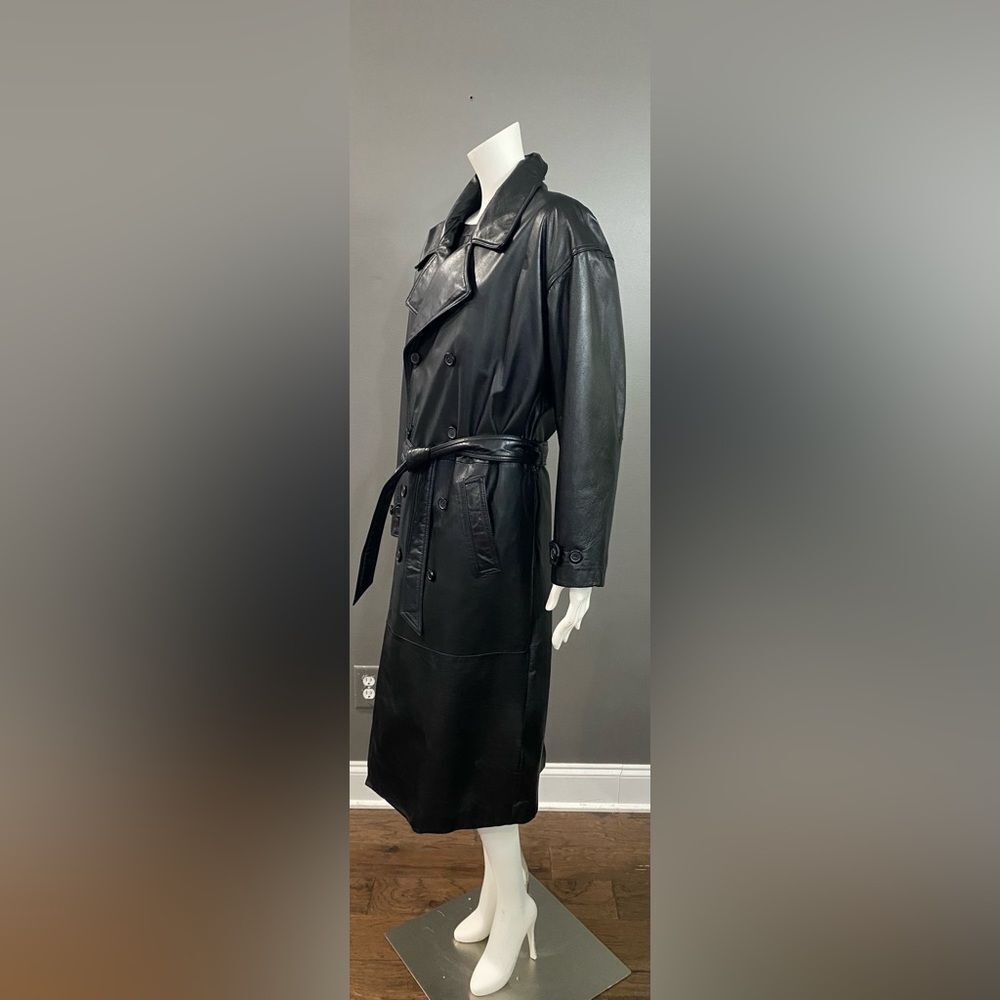 Wilson’s Blk Leather Double Breasted Belted Button Up Full Length Trench Coat M - Picture 5 of 14
